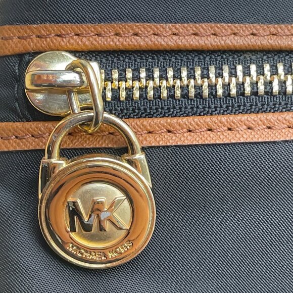 Michael Kors Black Nylon Brown Faux Leather & Front Pocket Evening Clutch Sz S - Picture 11 of 12